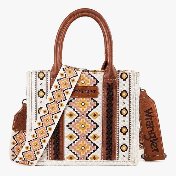 Wrangler Handbags - Wrangler Brown and Cream Satchel with Geometric Pattern